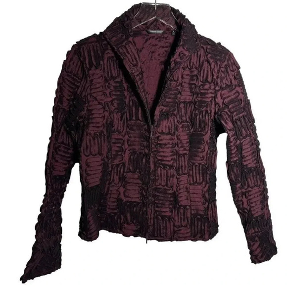SAMUEL DONG Maroon Burgundy Swirl Rosette Zip Front Jacket Size Medium - Picture 11 of 11